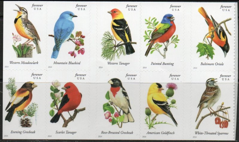 United States 4891a - Mint-NH - (49c) Songbirds (Block /10) (2014) (cv $15.00)