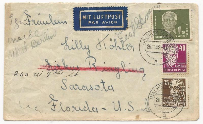 Germany DDR Scott #56 #131 #126 on Cover FWD to Florida USA November 26, 1952