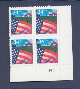 USA - Scott 3470 S/A MNH LR plate block #P111 - flag over farm - 2001