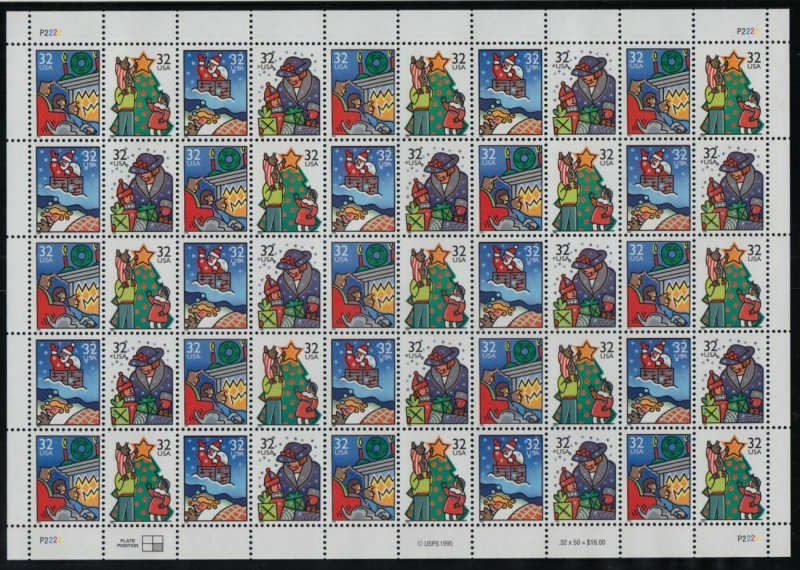 1996 Christmas 4 designs Sc 3111a MNH 32¢ water-activated full sheet of 50