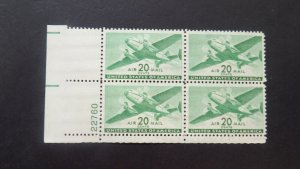#C29 20c Transport Plane Plate Block #23760 LL MNH OG VF CV $10 Incs New Mount