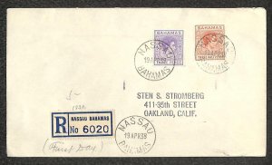BAHAMAS SCOTT #102 & 105 STAMPS REGISTERED FIRST DAY COVER TO USA 1938