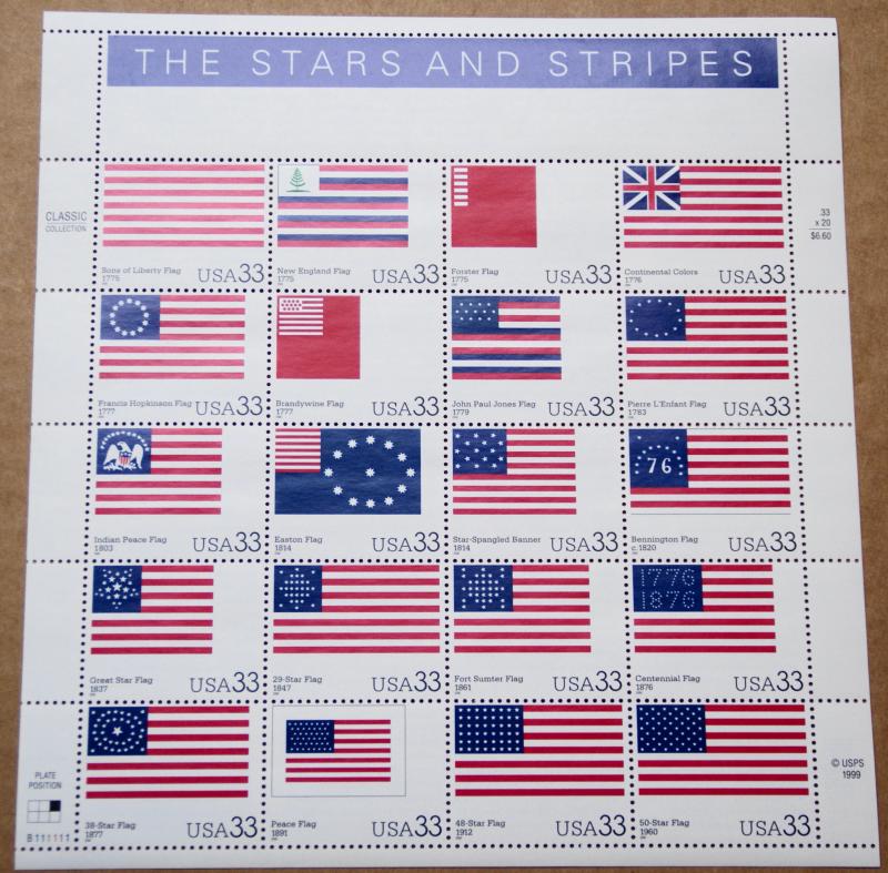 2000 sheet of postage stamps - Various Stars and Stripes, Sc# 3403