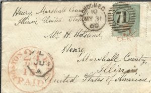 London, England to Henry, ILL 1860 Red Boston Packet h/s, Sc #28 (47466) 