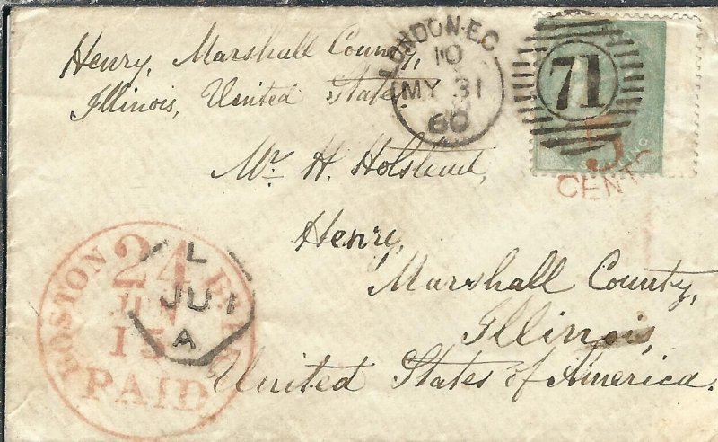 London, England to Henry, ILL 1860 Red Boston Packet h/s, Sc #28 (47466)