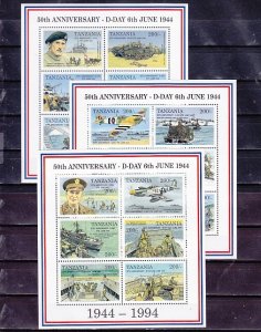 Tanzania, Scott cat. 1273-1275. D-Day Anniversary. 3 sheets of 6.