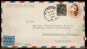 USA 1940 24c Harrison Prexie Transatlantic WHW Germany Cover 86053