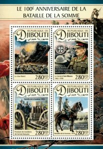 Djibouti 2016 - World War I, Battle of Somme, 100 Years - Sheet of 4 - MNH