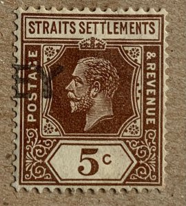 Straits Settlements 1933 KGV 5c brown die I, used. Scott 187a, CV $0.25. SG 226a