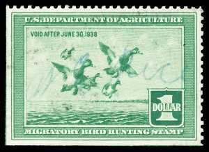 Scott RW4 1937 $1.00 Federal Duck Stamp Used VF Cat $65