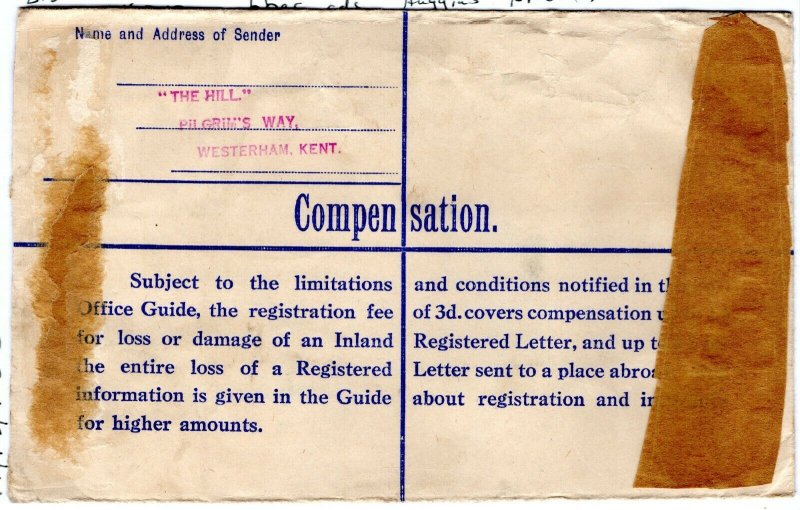 GB Kent Cover Registered *WESTERHAM* Rubber CDS Huggins RP54(h) 1941 PE79 