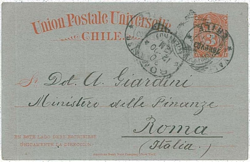 30846 - CHILE - POSTAL STATIONERY: 3 CENTS - COLON COLUMBUS to ITALY 1900-