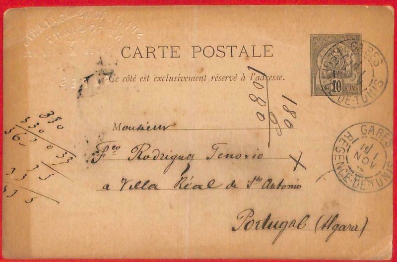 aa2291 - French TUNIS - Postal History - STATIONERY CARD: GARES to PORTUGAL 1894