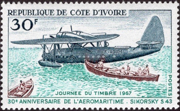 Ivory Coast 252 - Mint-NH - 30fr Sikorsky S-43 Seaplane / Boat (1967) (cv $3.00)