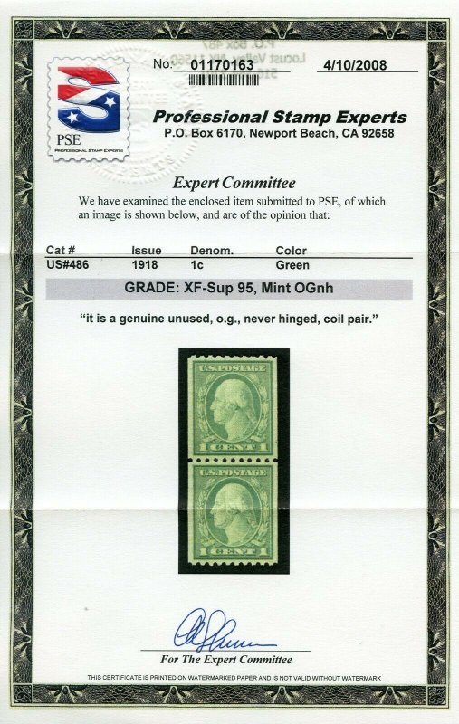 US SCOTT #486, Pair, Mint-XF-Sup-OG-NH W/ PSE & PF Certs SMQ $85 (DFP 8/13/20) 