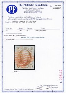 1b, Used 5¢ Orange Brown XF - Four Margins With PFC Certificate - Stuart Katz
