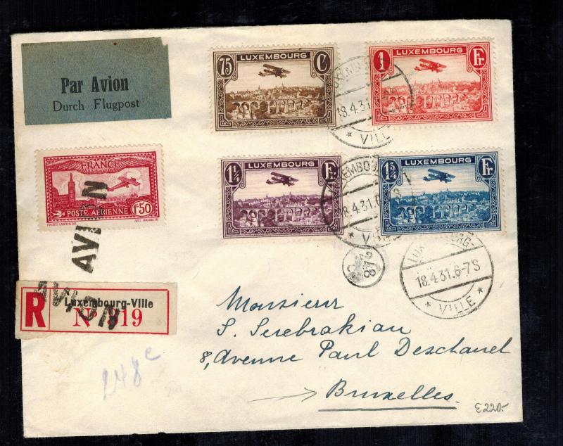 1931 Luxembourg Airmail Cover to Brussels Belgium Mixed Franking French Stamp