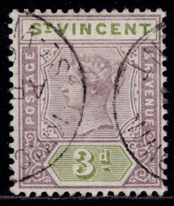 ST. VINCENT QV SG70, 3d dull mauve & olive, FINE USED. Cat £23.