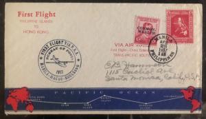 1937 Manila Philippines First Flight Cover FFC to Santa Monica USA Via Hong Kong