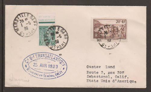 France Sc 360, B60 on 1939 PAQUEBOT Cover to US, violet oval ship cachet