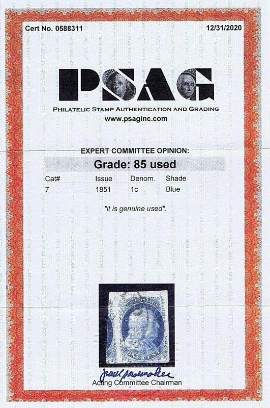 SC# 7 USED 1C FRANKLIN 1851, PARTIAL TOWN CANCEL, 2020 PSAG CERT GRADED VF XF 85