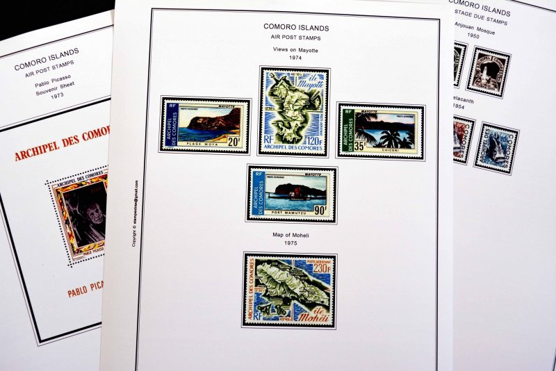 COLOR PRINTED COMOROS 1892-1975 STAMP ALBUM PAGES (25 illustrated pages)