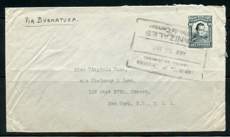 COLOMBIA MANIZALES 4/19/1932 COVER TO NEW YORK VIA BUENAVENTURA 4/22/32 AS SHOWN