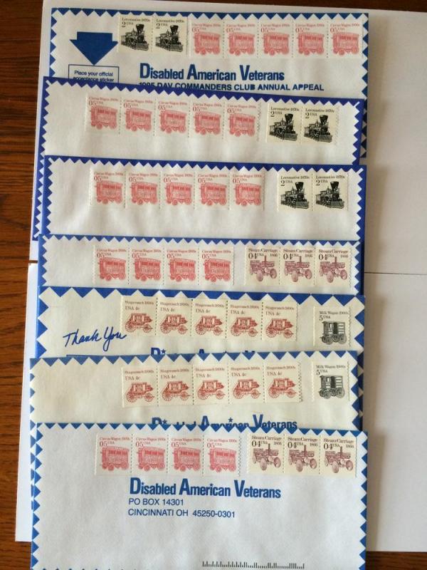 US ~ Stamp coils on Disabled American Veterans Envelopes