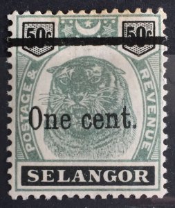 MALAYA 1910 SELANGOR Tiger One Cent opt 50c MH SG#66b M3493