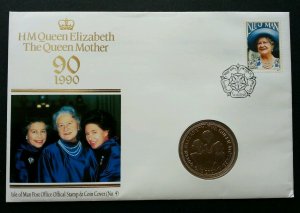 *FREE SHIP Isle Of Man HM Queen Mother Elizabeth 1990 Royal FDC (coin cover)