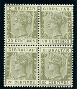 Gibraltar 1896 QV 20c olive-green block of four superb MNH. SG 25. Sc 31.