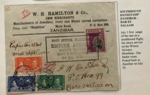 1937 Zanzibar First Flight Cover FFC To Dar Es Salaam Tanganyika Mixed Franking