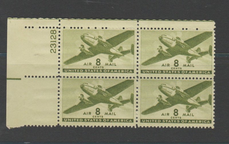 US C26 Olive Green 8c Transport Plane Air Mail Plate Block # 23128 MNH
