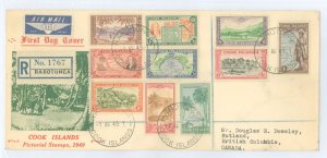 Cook Islands 131-40 1949 Registered FDC complete set; numerous receiving postmarks.