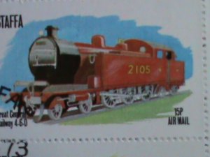 STAFFA STAMP-1974- COLORFUL WORLD FAMOUS TRAINS CTO S/S SHEET VERY FINE