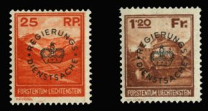 Liechtenstein #O9-10 Cat$127.50, 1933 25rp red orange and 1.20fr red brown, s...