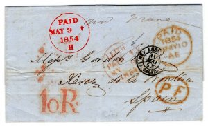 GB SCOTLAND Cover LEITH *PAID* CDS SPAIN Cadiz *10R* Delivery Charge 1854 PE189 