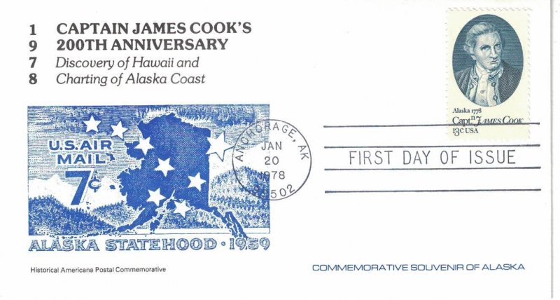 1978 FDC, #1732, 13c Captain Cook, Historical Americana Post Commemorative