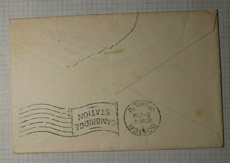 US 1905 Cover Machine Flag Cancel Boston MA Back Bay Station Received Cambridge 