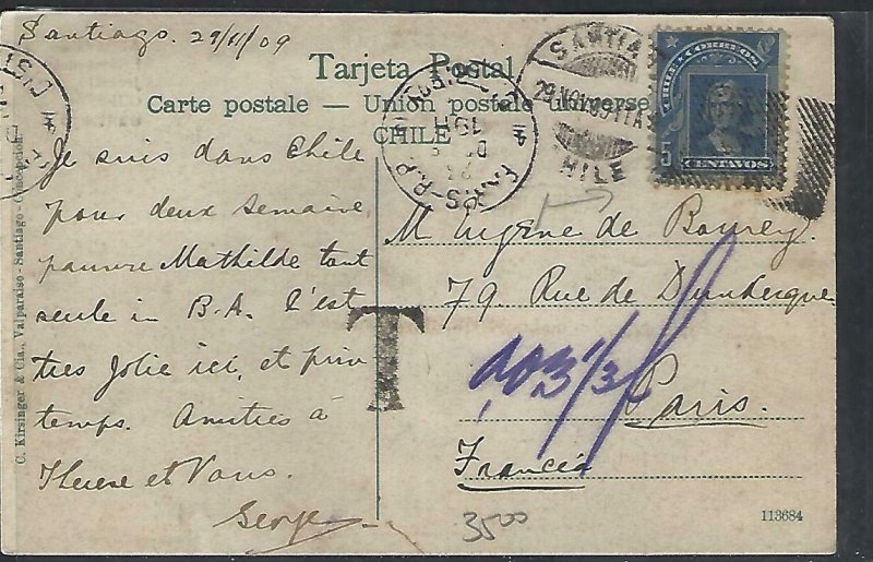 CHILE  (P3108B) 1909   COLUMBUS 5C ON PPC SANTIAGO TO PARIS TAXED  