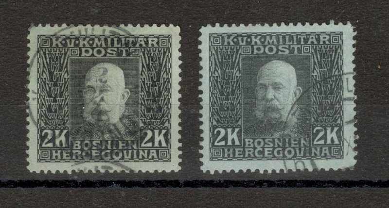 BOSNIA - AUSTRIA - TWO USED STAMPS, 2K - COLOR VARIETY - 1912.