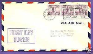 729  CENTURY OF PROGRESS 3c 1933, FIRST DAY COVER, UNCACHETED.