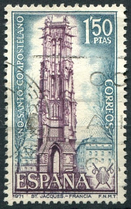 Spain Sc#1646 Used, 1.50p dl grn & dp plum, Holy Year of Compostela (1st Issu...
