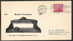 USA 1934 George Calvert First Lord Baltimore Sc 736 Cachet Cover Maryland