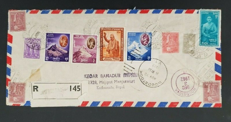 1962 Kathmandu Nepal Woodstock Vermont Multi Franking Registered Air Mail Cover