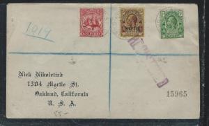 TURKS AND CAICOS ISLANDS  (P1101B) 1917 1D BOAT+ KGV 1/2D+ 3D WAR TAX REG TO USA