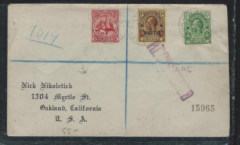 TURKS AND CAICOS ISLANDS  (P1101B) 1917 1D BOAT+ KGV 1/2D+ 3D WAR TAX REG TO USA