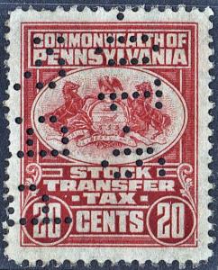 Pennsylvania 20¢ Stock Transfer Stamp (MNH Perfin)