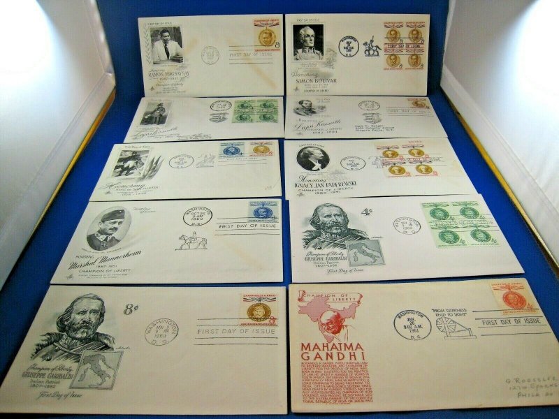 U.S. FDC SETS - CHAMPIONS OF LIBERTY - 1957 TO 1961 - LOT OF 10       (fs5)