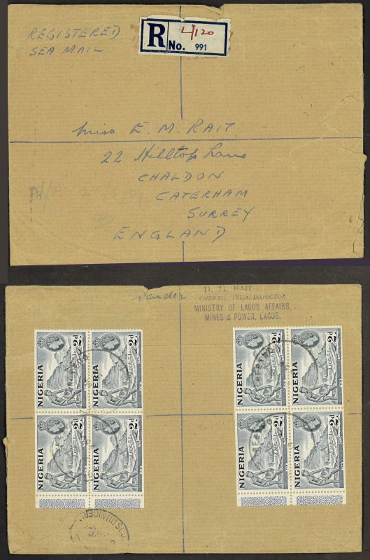 NIGERIA Lagos to Surry, England ( 1959) Registered Sea Mail Cover